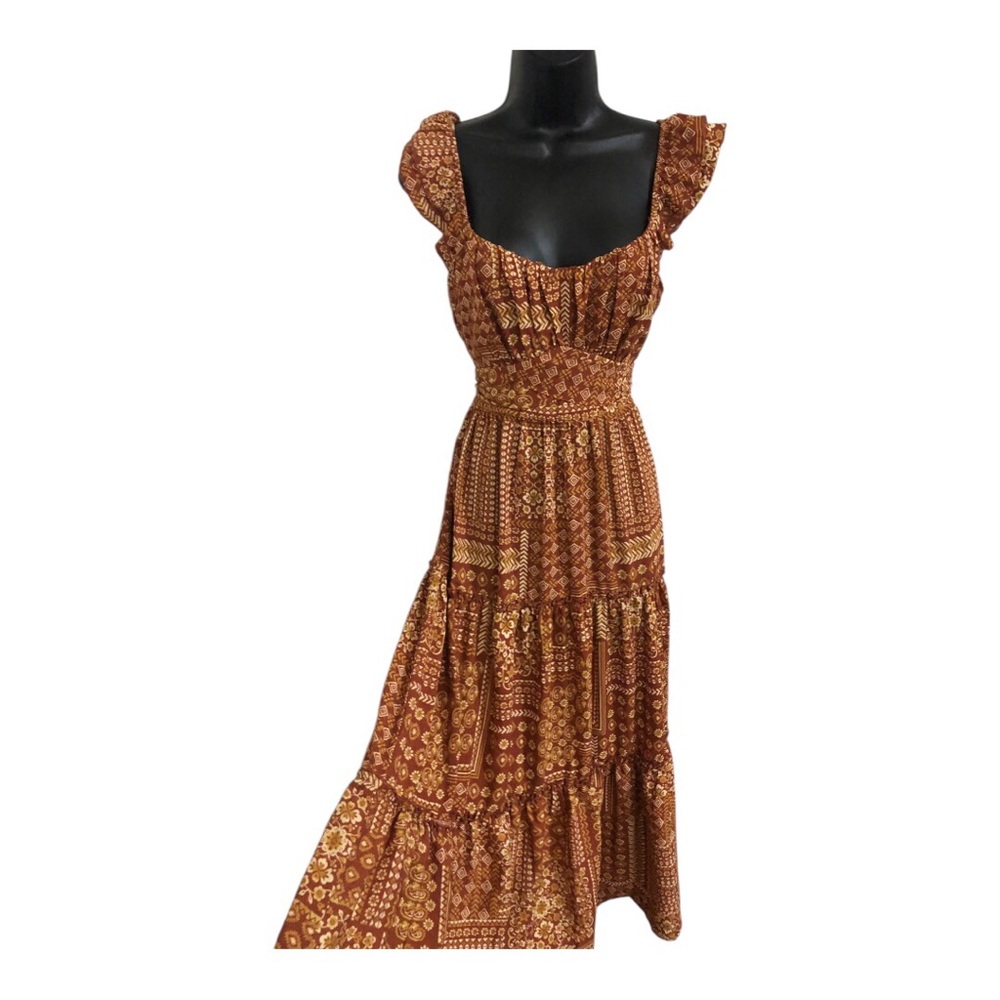 Trixxi‎ Rust Boho Patchwork Ruffle Strap belted T… - image 4